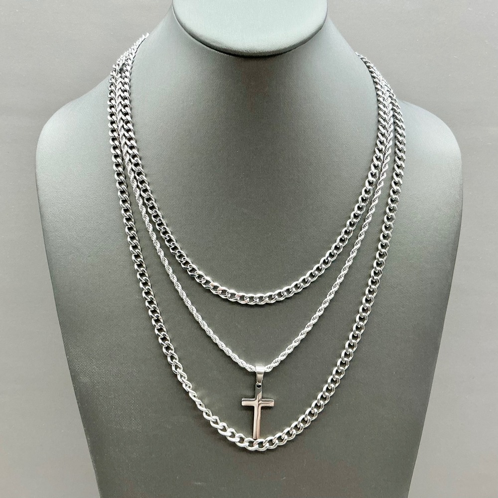 Layered Necklace Set Women Silver Cross Pendant Curb Rope Chain Fashion Jewelry